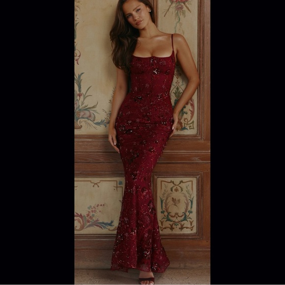 House of CB Wine Hand Beaded Corset Maxi Dress - SMALL (Regular Cup A-C) - Picture 3 of 3